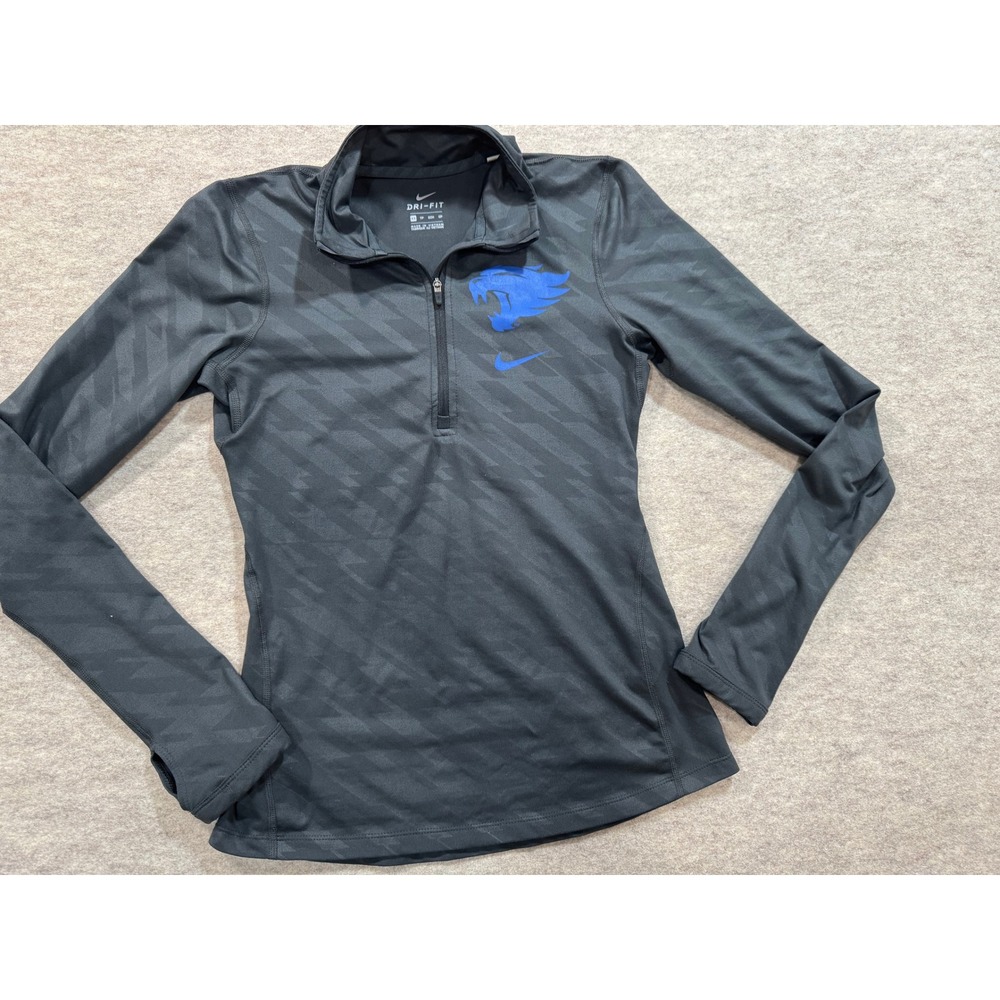 Nike Dri-FIT Women XS 1/4 Zip Pullover Gray Blue Logo Activewear Top